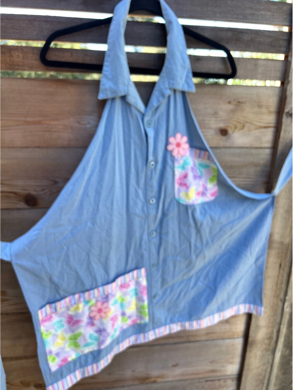 Vintage Blue Button-Up Apron with Colorful Butterfly and Flower Pockets